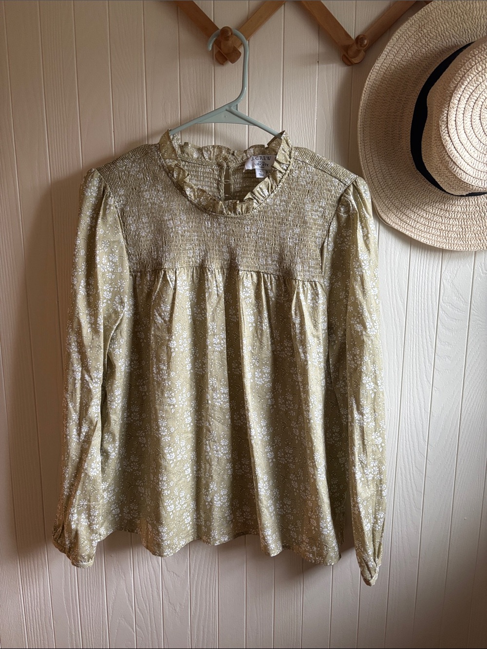 J. Crew Light Olive Floral Smocked Yoke Ruffle Neck Blouse
